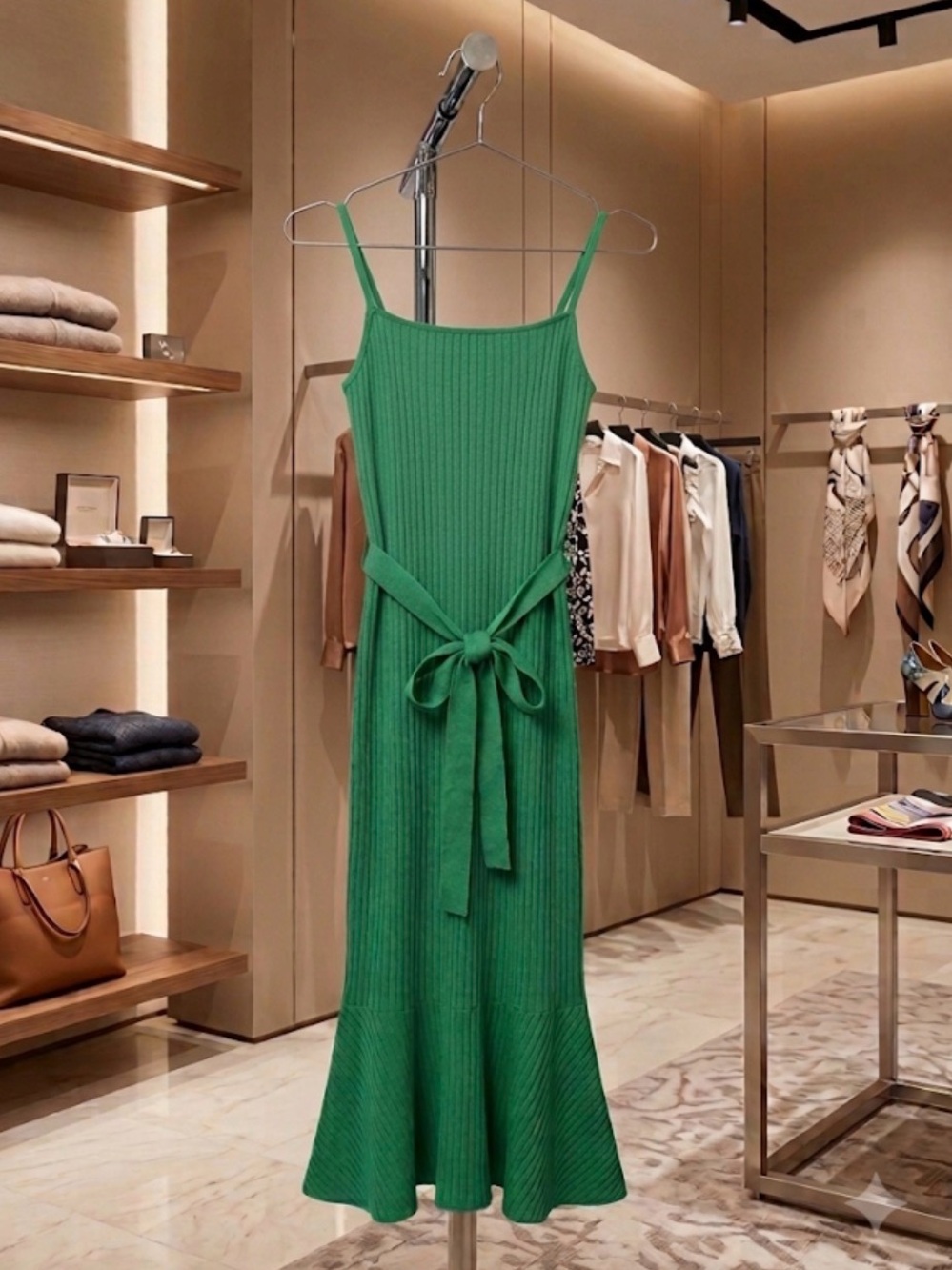 Pink Rose Emerald Green Ribbed Tie-Waist Midi Dress